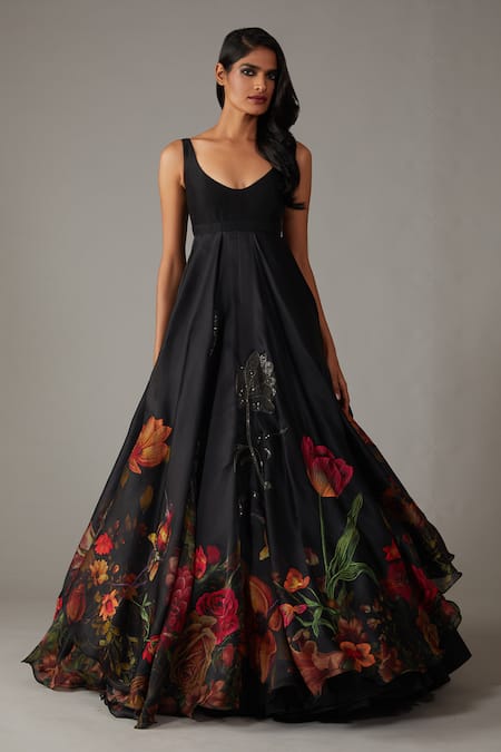 Shop_Rohit Bal_Black Chanderi, Organza, Cotton Sequins Scoop Neck Musk Rose Print Anarkali Set _Online_at_Aza_Fashions