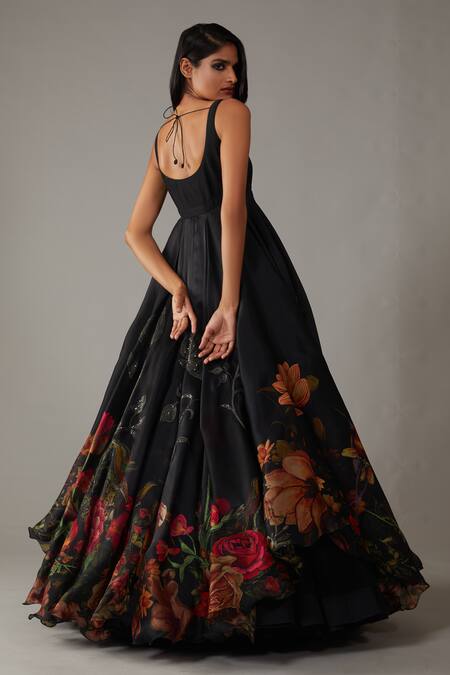Rohit Bal_Black Chanderi, Organza, Cotton Sequins Scoop Neck Musk Rose Print Anarkali Set _at_Aza_Fashions