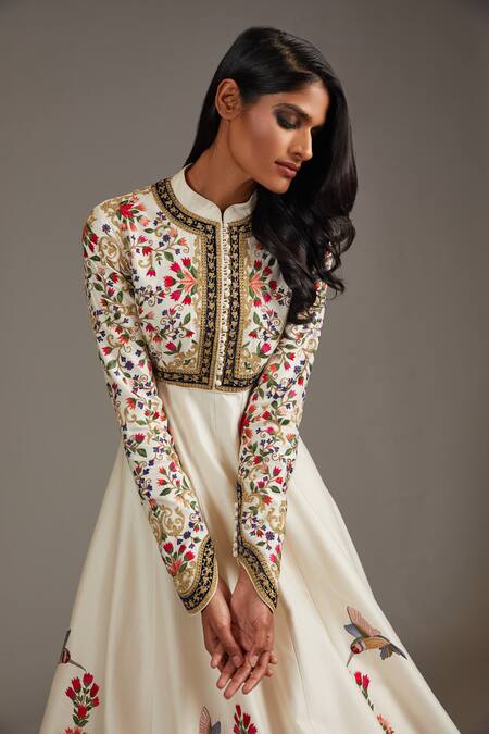 Rohit Bal_Ivory Silk, Chanderi, Cotton Applique, Mughal Floral Garden Anarkali Set _Online_at_Aza_Fashions