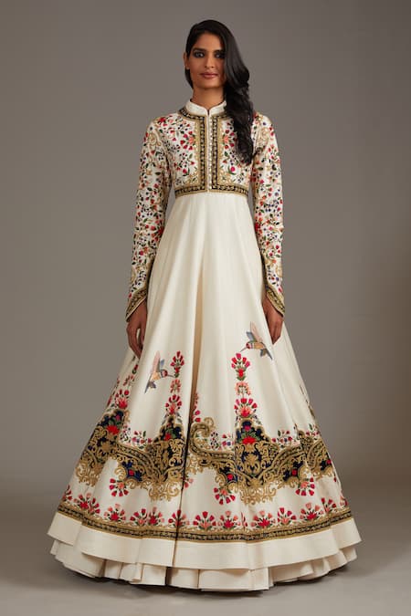 Shop_Rohit Bal_Ivory Silk, Chanderi, Cotton Applique, Mughal Floral Garden Anarkali Set _Online_at_Aza_Fashions