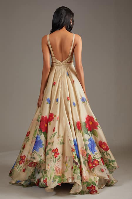 Shop Rohit Bal Beige Organza, Cotton Embroidery Botanic Flora Bloom Print Anarkali Set at Aza Fashions Shop_Rohit Bal_Beige Organza, Cotton Embroidery Botanic Flora Bloom Print Anarkali Set _at_Aza_Fashions