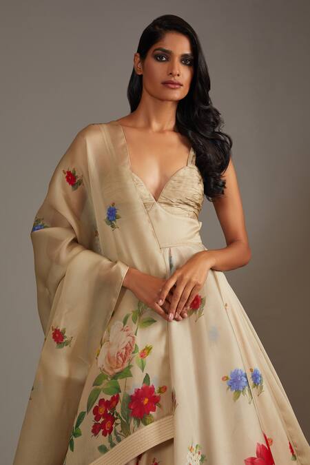 Rohit Bal Beige Organza, Cotton Embroidery Botanic Flora Bloom Print Anarkali Set Online at Aza Fashions Rohit Bal_Beige Organza, Cotton Embroidery Botanic Flora Bloom Print Anarkali Set _Online_at_Aza_Fashions