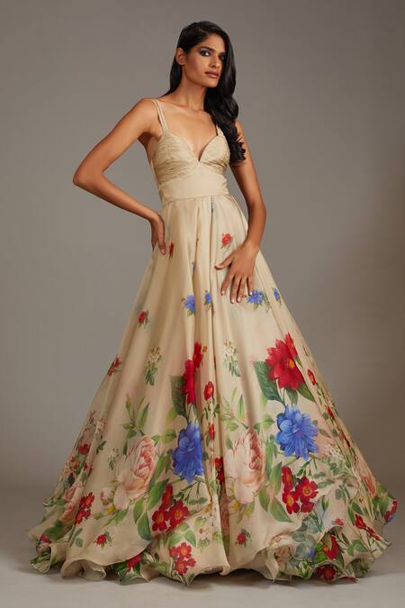 Shop Rohit Bal Beige Organza, Cotton Embroidery Botanic Flora Bloom Print Anarkali Set Online at Aza Fashions Shop_Rohit Bal_Beige Organza, Cotton Embroidery Botanic Flora Bloom Print Anarkali Set _Online_at_Aza_Fashions