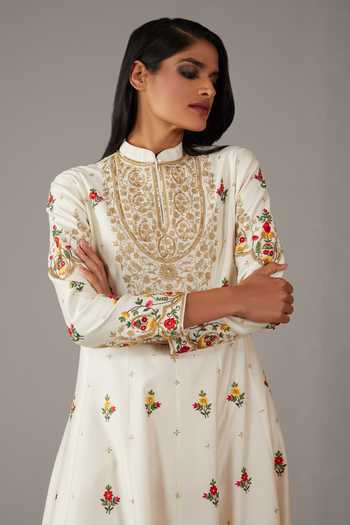 Rohit Bal Ivory Silk, Chanderi, Cotton Embroidery Mandarin Damask Blossom Anarkali Set Online at Aza Fashions Rohit Bal_Ivory Silk, Chanderi, Cotton Embroidery Mandarin Damask Blossom Anarkali Set _Online_at_Aza_Fashions