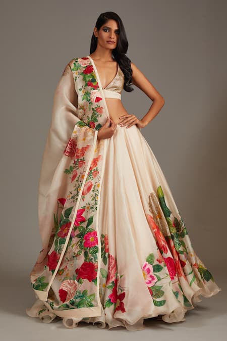 Rohit Bal Ivory Organza Print Botanical Floral Embellished Bridal Lehenga Set  