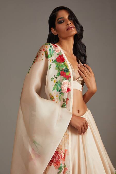 Rohit Bal_Ivory Organza, Cotton Botanical Floral Print Embellished Bridal Lehenga Set _Online_at_Aza_Fashions