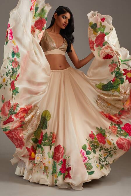 Buy_Rohit Bal_Ivory Organza, Cotton Botanical Floral Print Embellished Bridal Lehenga Set _Online_at_Aza_Fashions