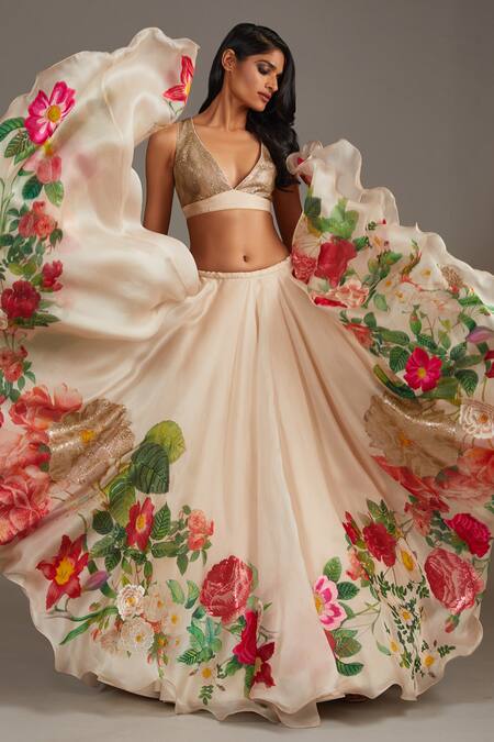 Shop_Rohit Bal_Ivory Organza, Cotton Botanical Floral Print Embellished Bridal Lehenga Set _Online_at_Aza_Fashions