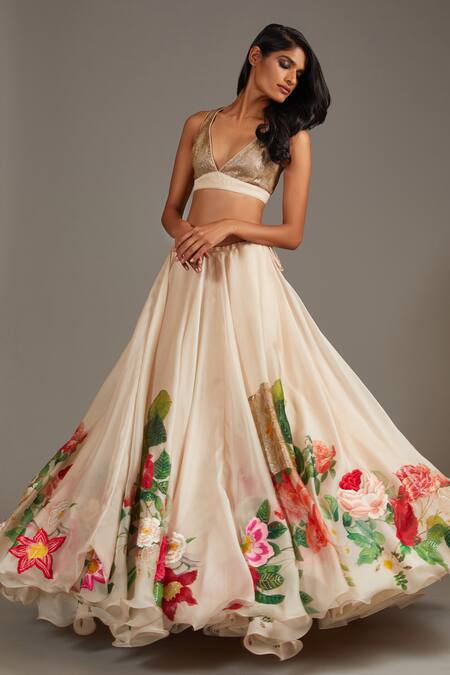 Rohit Bal_Ivory Organza, Cotton Botanical Floral Print Embellished Bridal Lehenga Set _at_Aza_Fashions