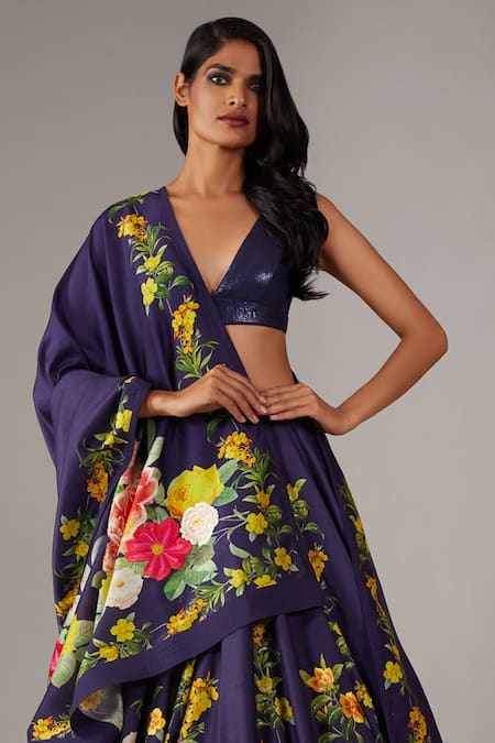 Rohit Bal_Blue Organza, Cotton Sequins, Floral Print Embellished Bridal Lehenga Set _Online_at_Aza_Fashions