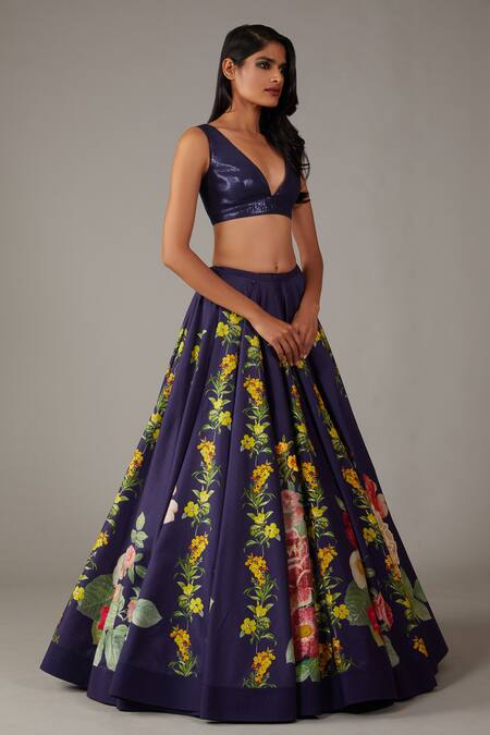 Buy_Rohit Bal_Blue Organza, Cotton Sequins, Floral Print Embellished Bridal Lehenga Set _Online_at_Aza_Fashions
