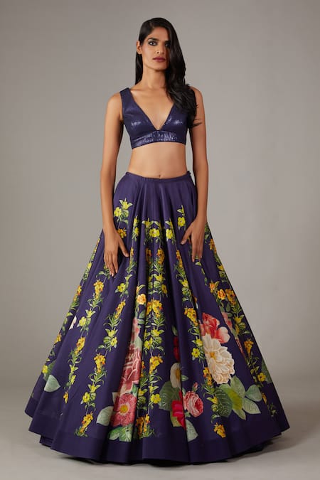 Shop_Rohit Bal_Blue Organza, Cotton Sequins, Floral Print Embellished Bridal Lehenga Set _Online_at_Aza_Fashions