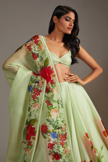 Rohit Bal_Green Silk, Organza Embroidery Plunge Neck Petunia Print Lehenga Blouse Set _Online_at_Aza_Fashions