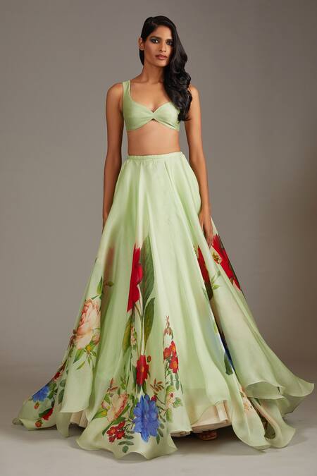 Buy_Rohit Bal_Green Silk, Organza Embroidery Plunge Neck Petunia Print Lehenga Blouse Set _Online_at_Aza_Fashions