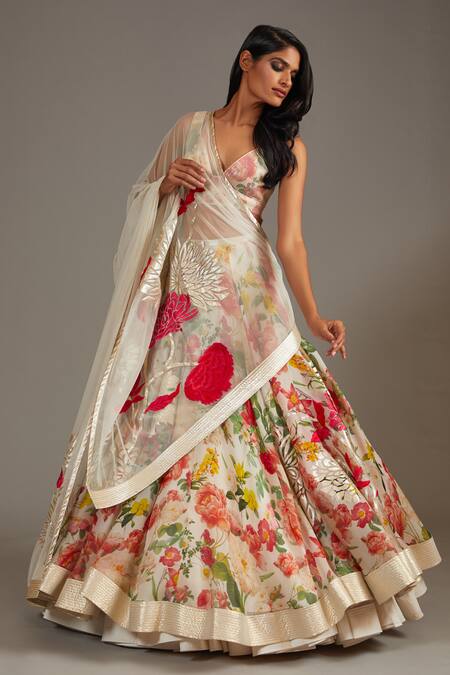 Buy_Rohit Bal_Ivory Organza, Cotton, Silk Embroidery, Buttercup Bloom Print Bridal Lehenga Set _Online_at_Aza_Fashions