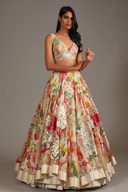 Shop_Rohit Bal_Ivory Organza, Cotton, Silk Embroidery, Buttercup Bloom Print Bridal Lehenga Set _Online_at_Aza_Fashions