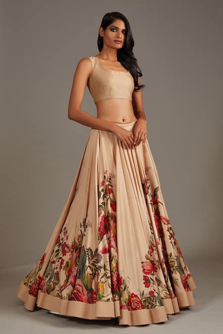 Buy_Rohit Bal_Beige Modal, Chanderi, Silk Square Neck Rafflesia Bloom Print Bridal Lehenga Set _Online_at_Aza_Fashions