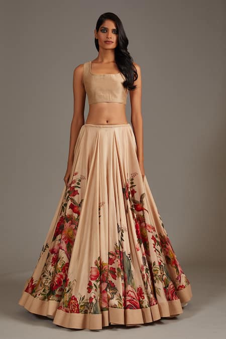 Shop_Rohit Bal_Beige Modal, Chanderi, Silk Square Neck Rafflesia Bloom Print Bridal Lehenga Set _Online_at_Aza_Fashions