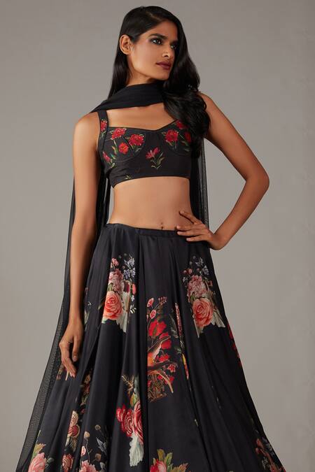 Rohit Bal_Black Modal, Chanderi, Silk Embroidery Musk Rose Bloom Print Lehenga Blouse Set _Online_at_Aza_Fashions