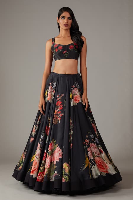 Shop_Rohit Bal_Black Modal, Chanderi, Silk Embroidery Musk Rose Bloom Print Lehenga Blouse Set _Online_at_Aza_Fashions