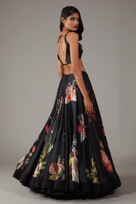 Rohit Bal_Black Modal, Chanderi, Silk Embroidery Musk Rose Bloom Print Lehenga Blouse Set _at_Aza_Fashions