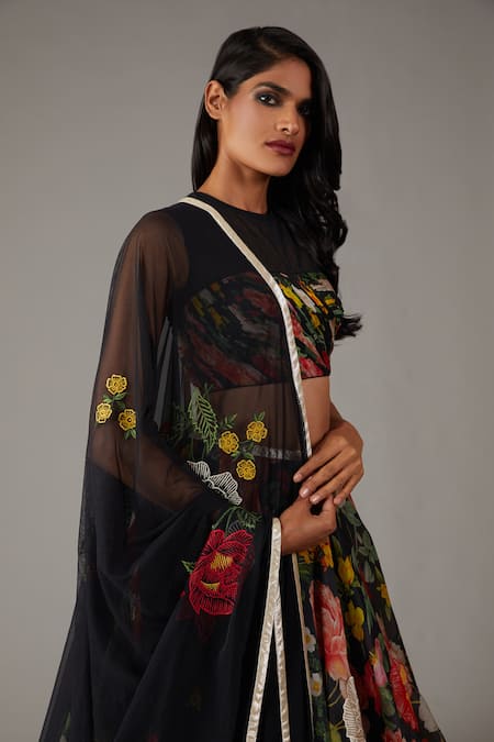 Rohit Bal_Black Organza, Cotton Embroidery Round Neck Rose Shrub Print Lehenga Blouse Set _Online_at_Aza_Fashions