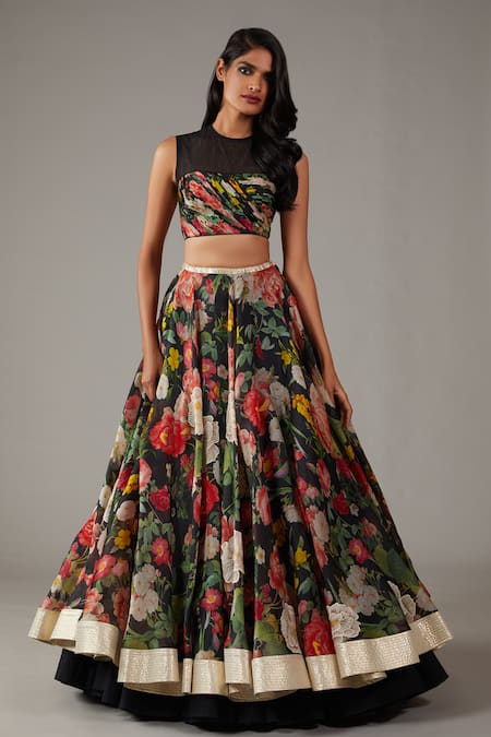 Buy_Rohit Bal_Black Organza, Cotton Embroidery Round Neck Rose Shrub Print Lehenga Blouse Set _Online_at_Aza_Fashions