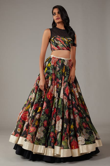 Shop_Rohit Bal_Black Organza, Cotton Embroidery Round Neck Rose Shrub Print Lehenga Blouse Set _Online_at_Aza_Fashions