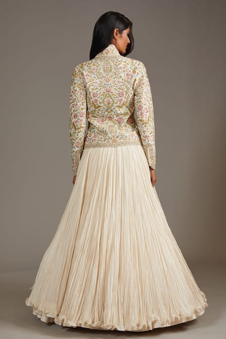 Shop Rohit Bal Ivory Maheshwari, Cotton Embroidery Mandarin Collar Blossom Jacket at Aza Fashions Shop_Rohit Bal_Ivory Maheshwari, Cotton Embroidery Mandarin Collar Blossom Jacket _at_Aza_Fashions