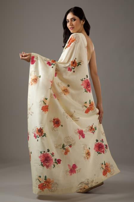Rohit Bal Chanderi Silk Dahlia Print Saree With Unstitched Blouse Piece 