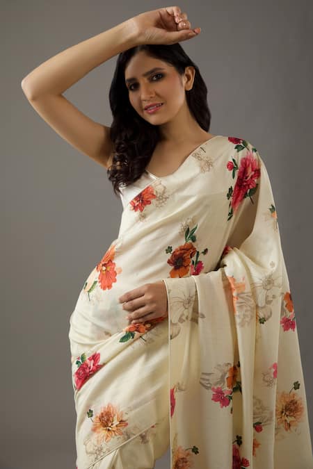 Rohit Bal_Ivory Silk, Chanderi Dahlia Print Saree With Unstitched Blouse Piece _Online_at_Aza_Fashions