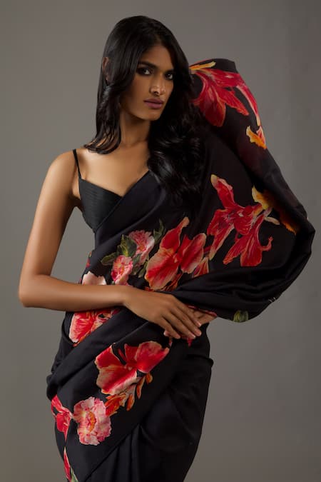 Rohit Bal_Black Silk, Chanderi Floral Print Saree With Unstitched Blouse Piece _Online_at_Aza_Fashions