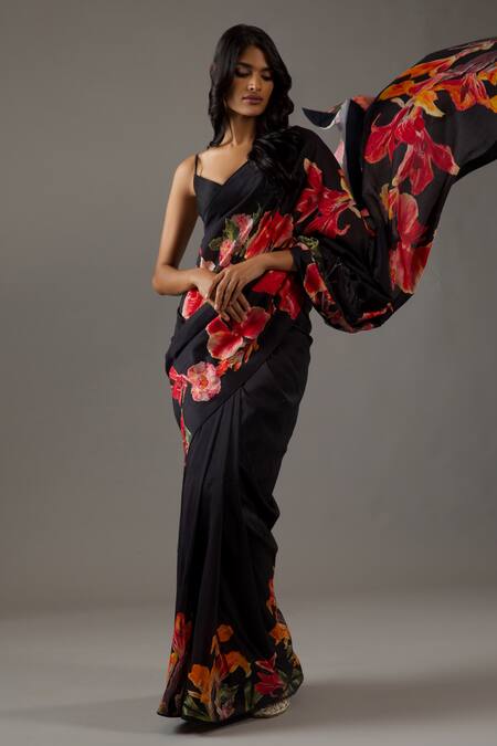 Buy_Rohit Bal_Black Silk, Chanderi Floral Print Saree With Unstitched Blouse Piece _Online_at_Aza_Fashions