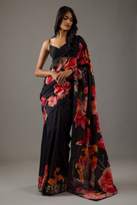 Shop_Rohit Bal_Black Silk, Chanderi Floral Print Saree With Unstitched Blouse Piece _Online_at_Aza_Fashions