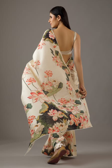 Rohit Bal Chanderi Silk Lotus Print Saree With Unstitched Blouse Piece 