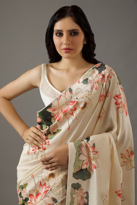 Rohit Bal_Ivory Silk, Chanderi Lotus Print Saree With Unstitched Blouse Piece _Online_at_Aza_Fashions
