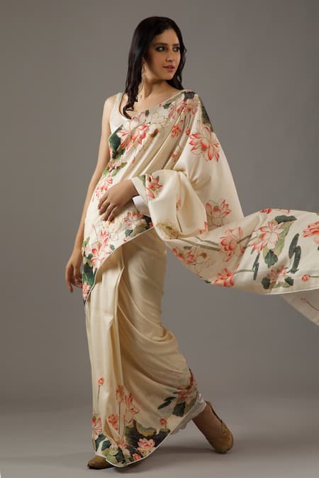Buy_Rohit Bal_Ivory Silk, Chanderi Lotus Print Saree With Unstitched Blouse Piece _Online_at_Aza_Fashions