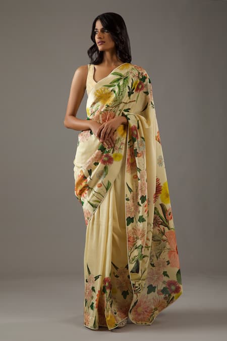Rohit Bal_Yellow Silk, Chanderi Floral Bouquet Print Saree With Unstitched Blouse Piece _Online_at_Aza_Fashions