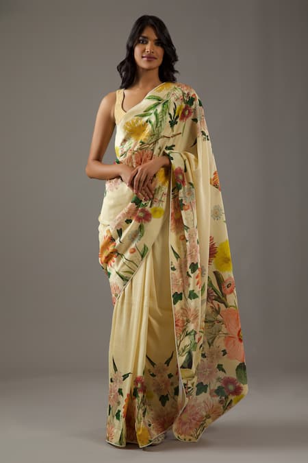 Buy_Rohit Bal_Yellow Silk, Chanderi Floral Bouquet Print Saree With Unstitched Blouse Piece _Online_at_Aza_Fashions