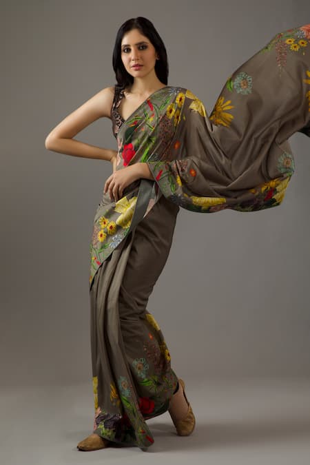 Buy_Rohit Bal_Grey Silk, Chanderi Bouquet Print Saree With Unstitched Blouse Piece _Online_at_Aza_Fashions