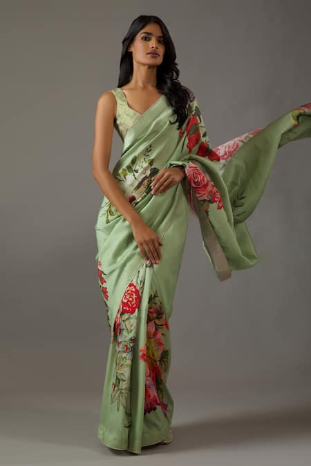 Buy_Rohit Bal_Green Silk Chanderi Printed Floral Cluster Saree With Unstitched Blouse Piece _Online_at_Aza_Fashions