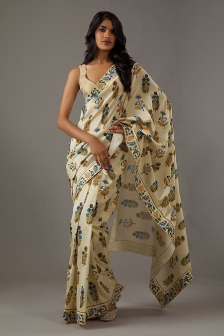 Buy_Rohit Bal_Ivory Silk, Chanderi Floral Mughal Print Saree With Unstitched Blouse Piece _Online_at_Aza_Fashions