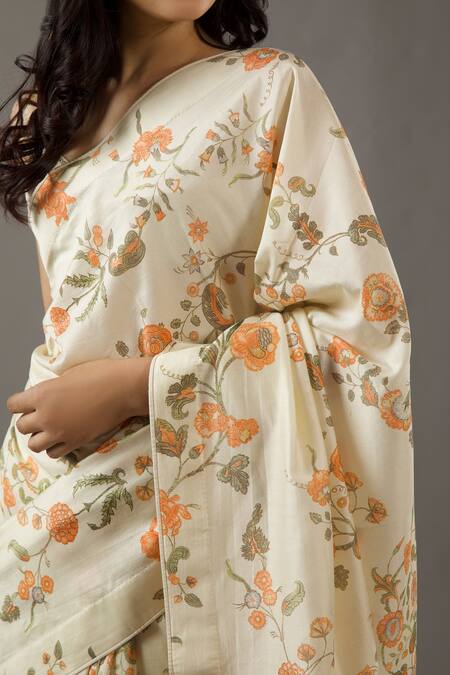 Rohit Bal_Ivory Silk, Chanderi Persian Bloom Print Saree With Unstitched Blouse Piece _Online_at_Aza_Fashions