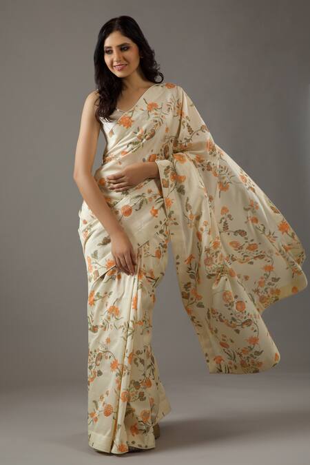 Buy_Rohit Bal_Ivory Silk, Chanderi Persian Bloom Print Saree With Unstitched Blouse Piece _Online_at_Aza_Fashions
