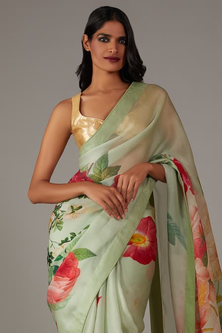 Rohit Bal_Green Organza Rosette Print Saree With Unstitched Blouse Piece _Online_at_Aza_Fashions