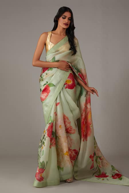 Buy_Rohit Bal_Green Organza Rosette Print Saree With Unstitched Blouse Piece _Online_at_Aza_Fashions