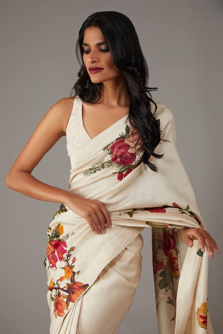 Rohit Bal_Ivory Silk, Chanderi Floral Garden Print Saree With Unstitched Blouse Piece _Online_at_Aza_Fashions