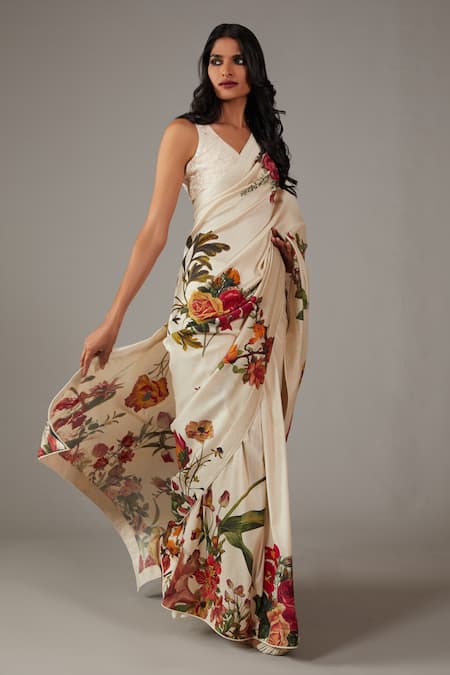 Buy_Rohit Bal_Ivory Silk, Chanderi Floral Garden Print Saree With Unstitched Blouse Piece _Online_at_Aza_Fashions