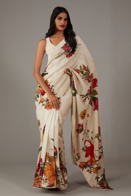Shop_Rohit Bal_Ivory Silk, Chanderi Floral Garden Print Saree With Unstitched Blouse Piece _Online_at_Aza_Fashions