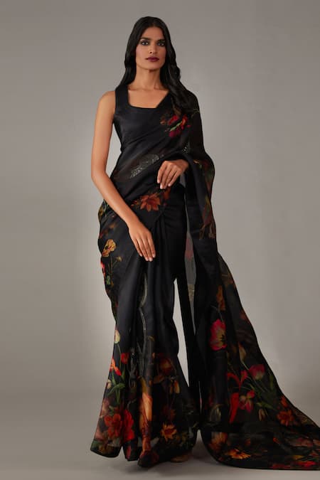 Rohit Bal Organza Garden Print Saree With Unstitched Blouse Piece 